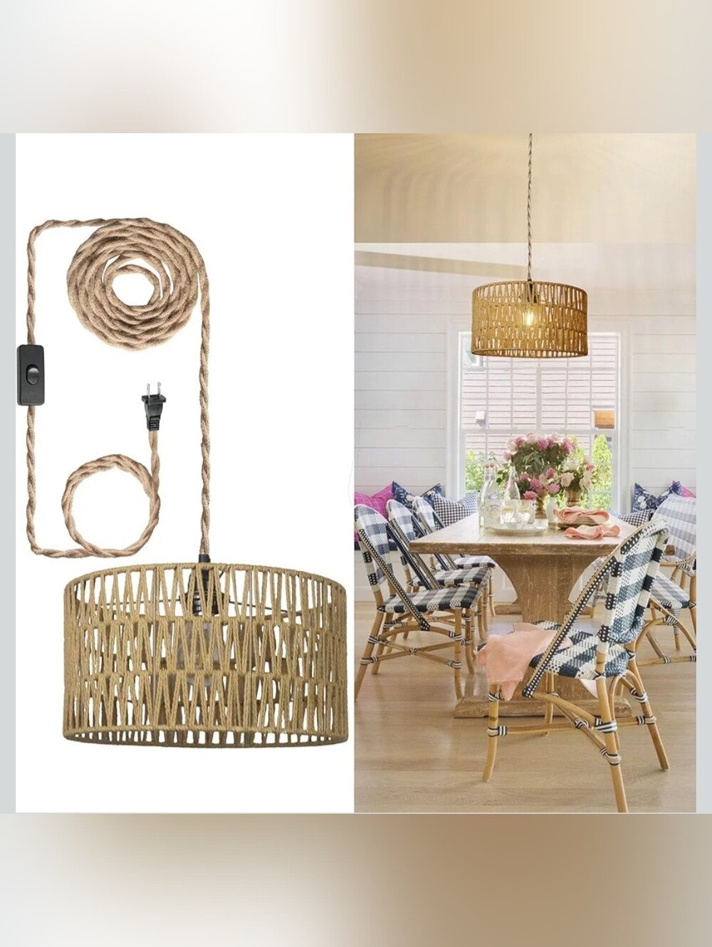 12.6 Inch Boho Hanging Light with Plug in Cord Rattan Hanging Lamp Hand Woven
